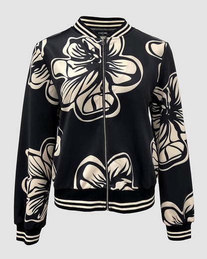 Floral Print Baseball Collar Long Sleeve Casual Jacket