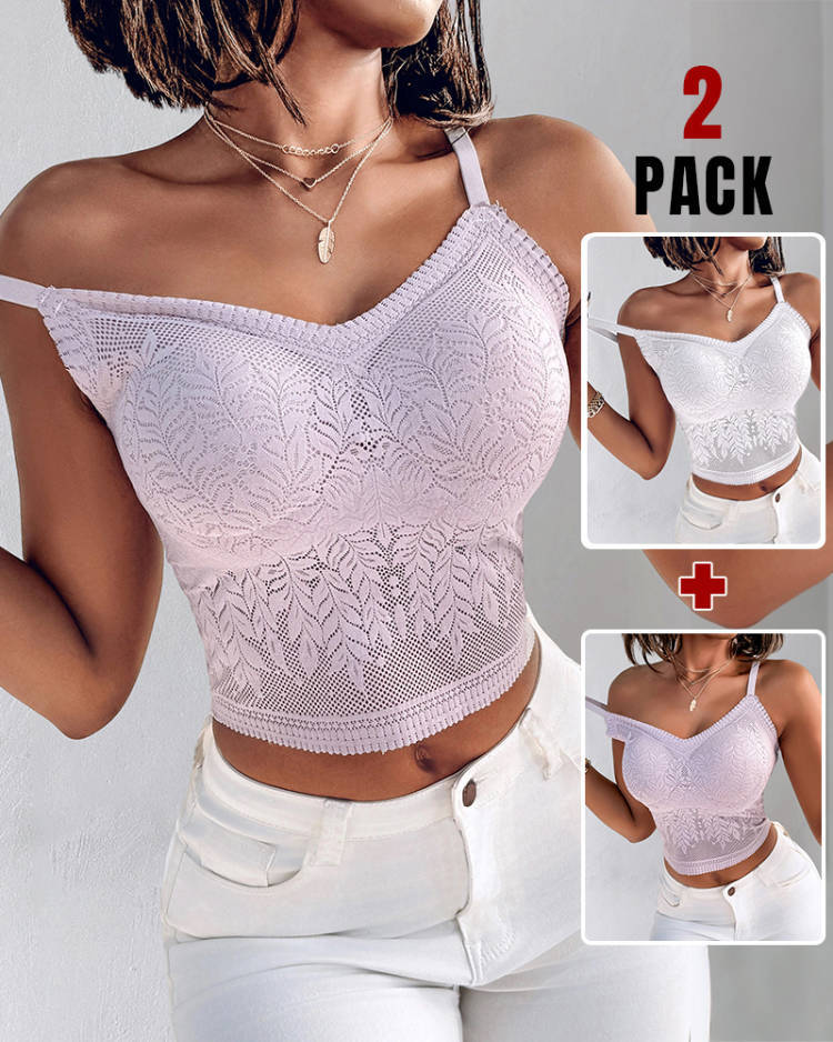 2-Pack Womens Lace V-Neck Adjustable Spaghetti Straps Bralette Camisoles Sexy Soft Crop Cami Top