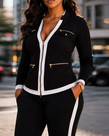 Women's 2 Piece Set Zip Up Stand Collar Top and High Waist Straight Leg Pants Casual Tracksuit with Pockets