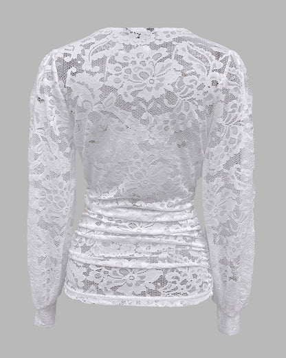 Contrast Lace Deep V-Neck Lantern Sleeve Lace Overlay Ruched Blouse Long Sleeve Slim Fit Top