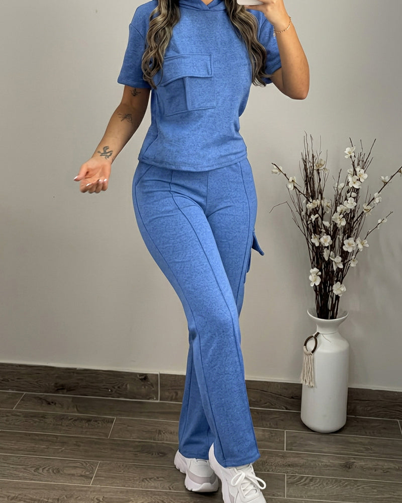Women's Two Piece Outfits Short Sleeve Hoodie Top and High Waist Cargo Straight Leg Pants Set Casual Lounge Tracksuit