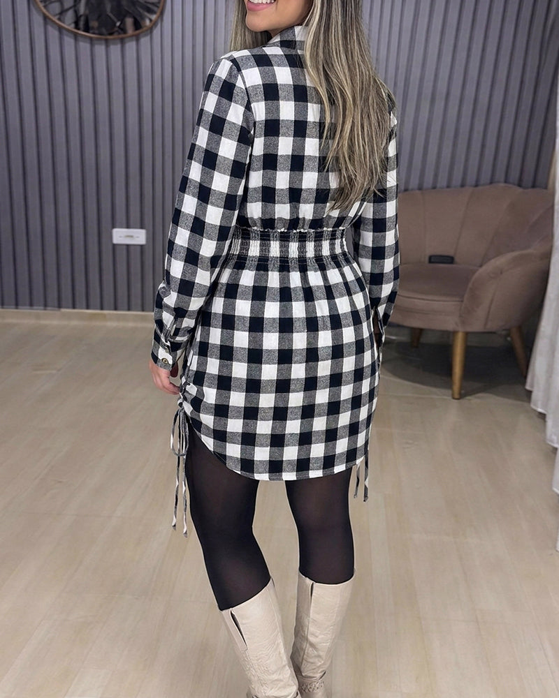 Plaid Print Turn-down Collar Button Down Dress Casual Shirred Back Side Drawstring Vacation Dress