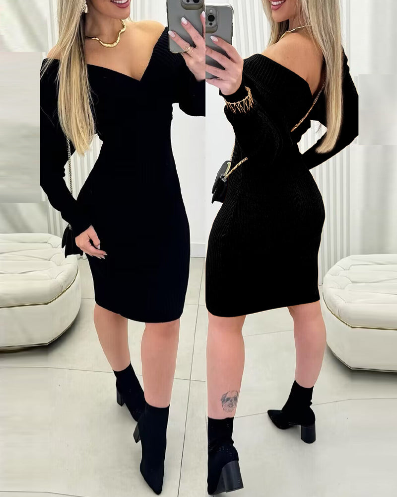 Off Shoulder Slim Fit Knit Long Sleeve Dress Bodycon Sweater Dress
