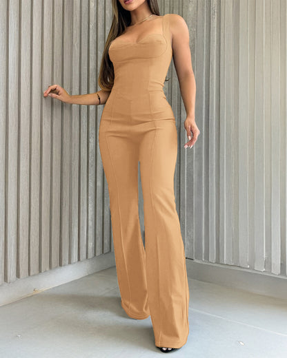 Sweatheart Neck Thick Strap Backless Lace-up Back Overalls Casual Seam Front Wide Leg Jumpsuit