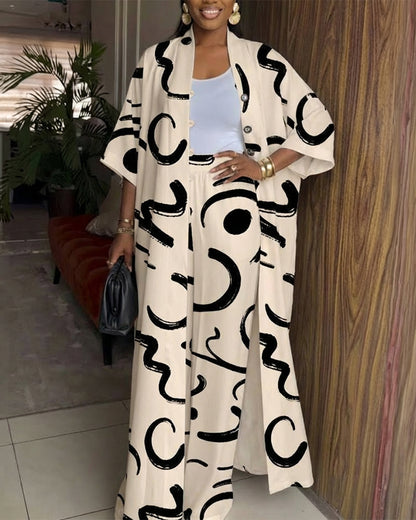 2 Pieces Outfit Batwing Sleeve Button Front Side Slit Longline Coat and Elastic Back Waist Wide Leg Pants Set Casual Abstract Print Satin Set