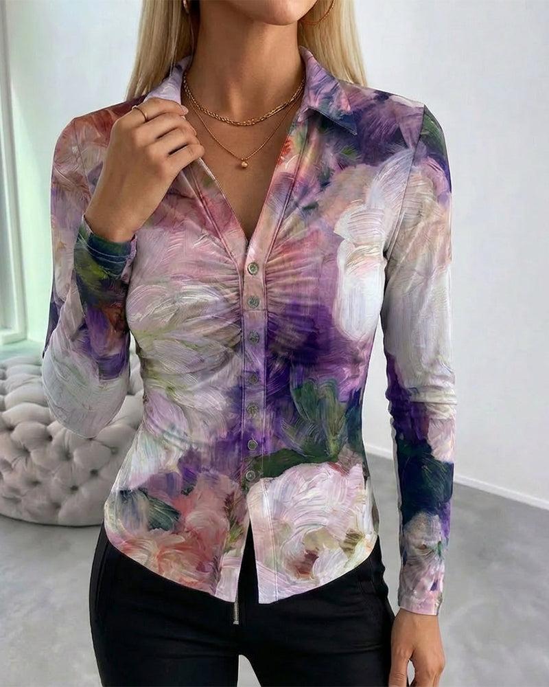 Oil Painting Floral Print Turn-down Collar V-Neck Long Sleeve Shirt Slim Fit Button Front Ruched Sheer Mesh Top with Lining