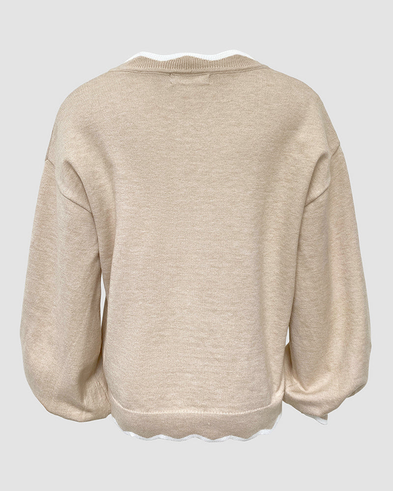 Women's Contrast Scallop Trim Knit Top V Neck Lantern Sleeve Loose Fit Casual Pullover Sweater