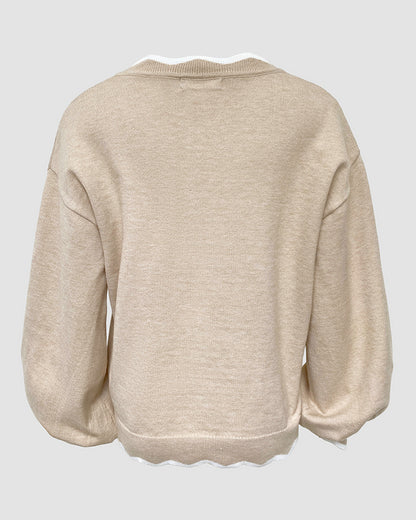 Women's Contrast Scallop Trim Knit Top V Neck Lantern Sleeve Loose Fit Casual Pullover Sweater