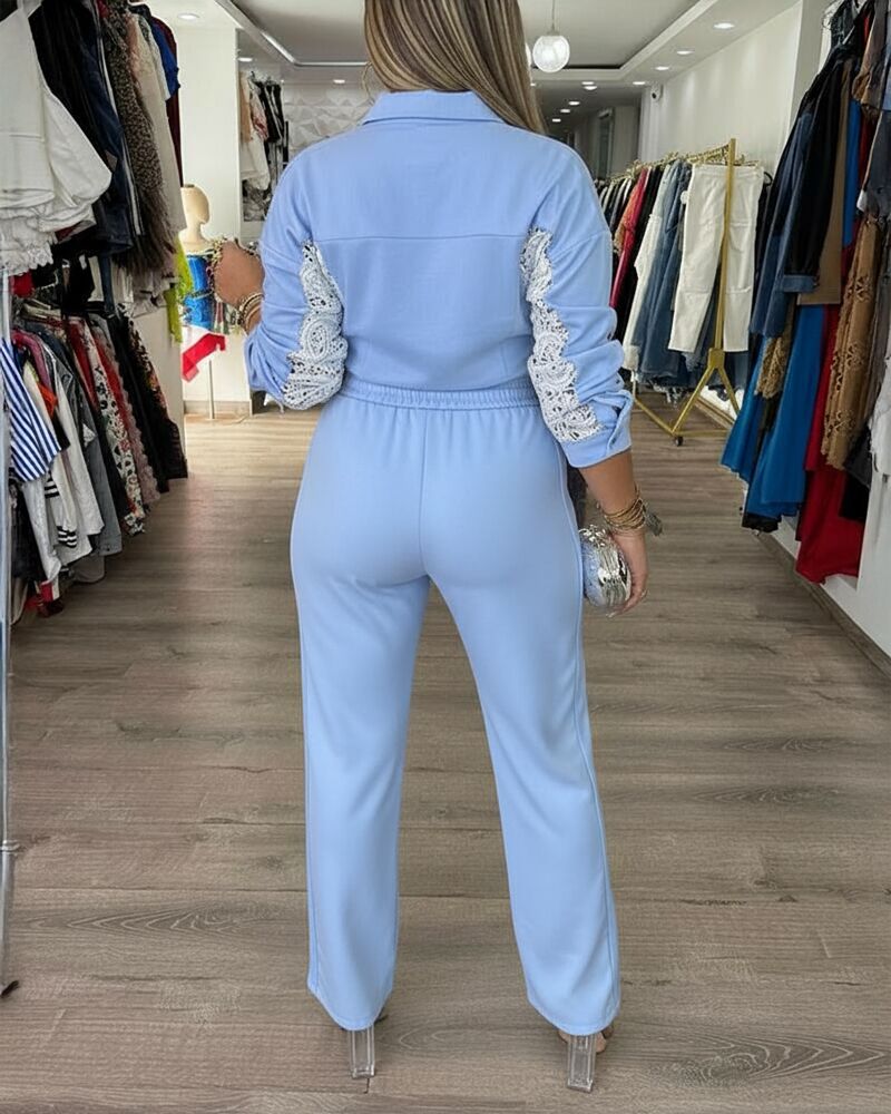 2 Pieces Outfit Turn-down Collar Button Front Flap Detail Top and Drawstring Elastic Waist Pants Set Casual Guipure Lace Spliced Colorblock Set