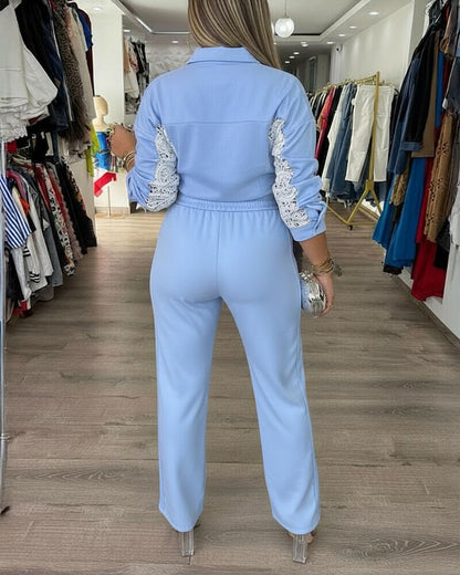 2 Pieces Outfit Turn-down Collar Button Front Flap Detail Top and Drawstring Elastic Waist Pants Set Casual Guipure Lace Spliced Colorblock Set