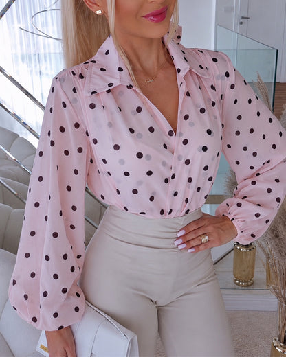 Women's Polka Dot Chiffon Blouse Overlap V Neck Loose Lantern Long Sleeve Elegant Top