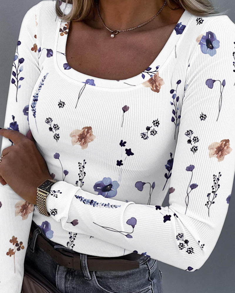 Women's Floral Print Ribbed Long Sleeve Top U-Neck Slim Fit Tee