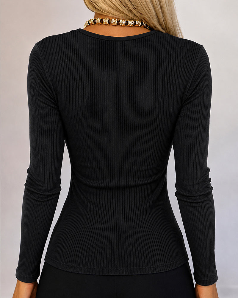 Women's Gold Button Long Sleeve Crewneck Ribbed Knit Slim Fit Top