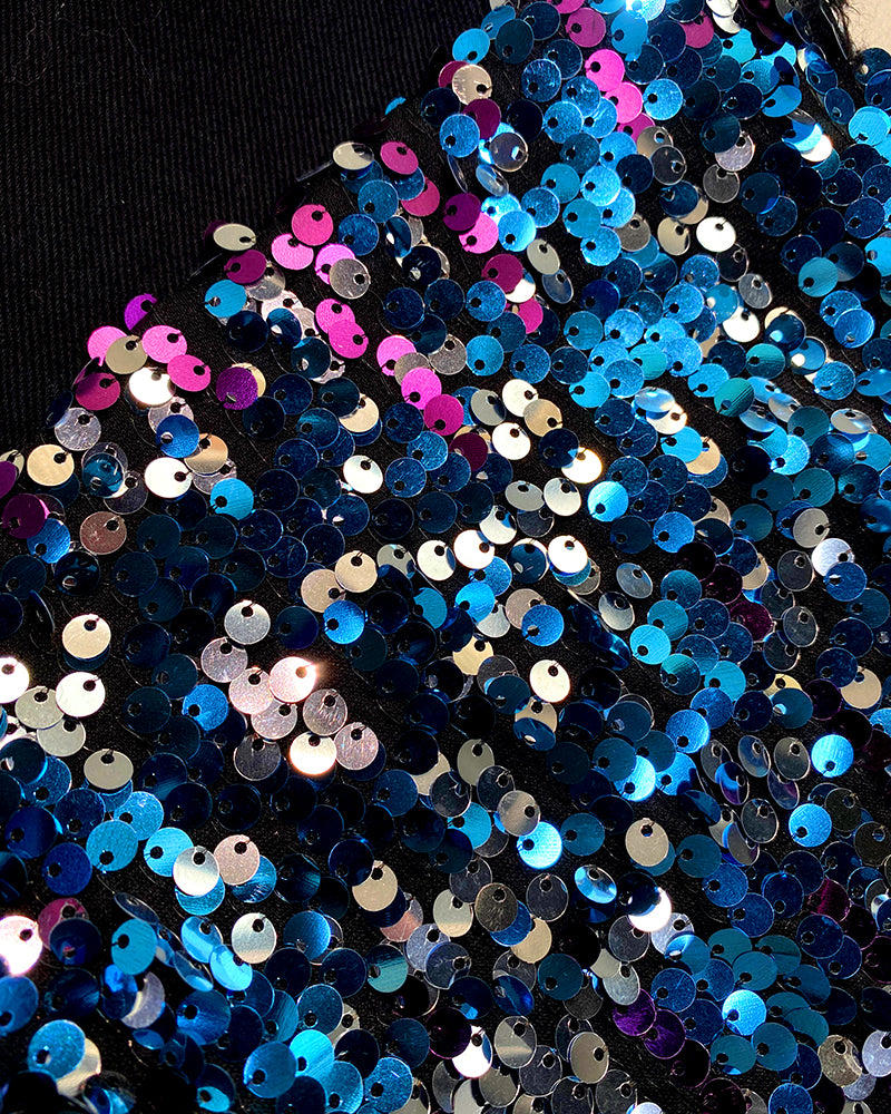 Colorblock Sequin Patchwork Long Sleeve Jacket Top Button Front Raw Hem Shacket