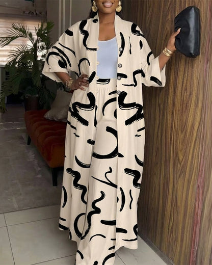 2 Pieces Outfit Batwing Sleeve Button Front Side Slit Longline Coat and Elastic Back Waist Wide Leg Pants Set Casual Abstract Print Satin Set