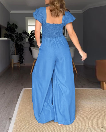 V-Neck Flutter Sleeve Cinched Waist Wide Leg Denim Look Overalls Casual High Waist Backless Shirred Back Jumpsuit
