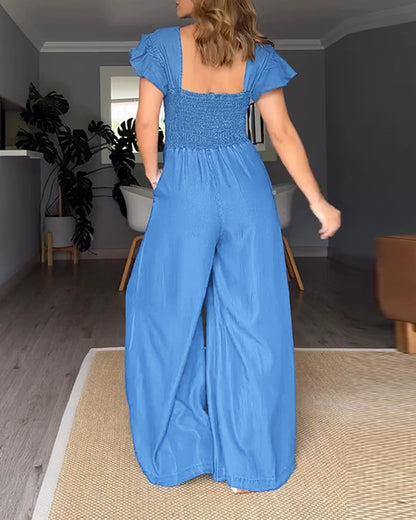 V-Neck Flutter Sleeve Cinched Waist Wide Leg Denim Look Overalls Casual High Waist Backless Shirred Back Jumpsuit