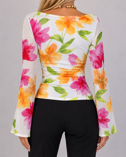 Women's Watercolor Floral Boat Neck Mesh Flare Sleeve Ruched Slim Fit Top