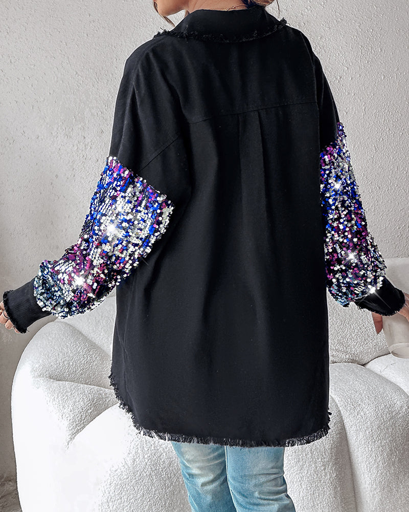 Colorblock Sequin Patchwork Long Sleeve Jacket Top Button Front Raw Hem Shacket