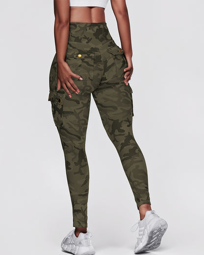Camouflage Print High Waist Skinny Leggings with Cargo Flap Pockets Casual Pants