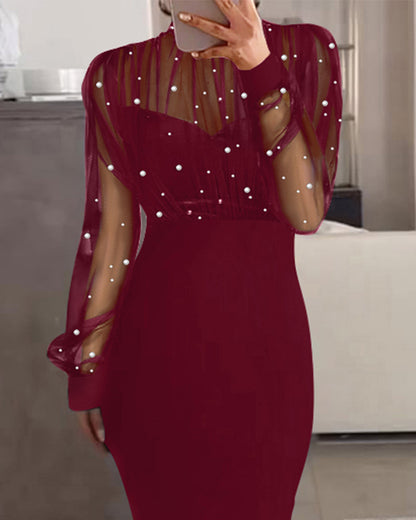 Mock Neck Sheer Mesh Spliced Beaded Bodycon Dress Zipper Back Slit Party Dress