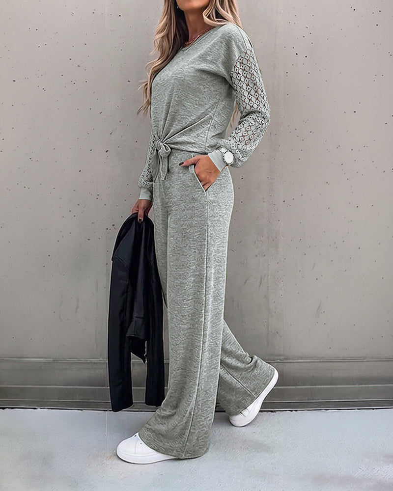 Women's 2 Piece Outfits Lace Patchwork Long Sleeve Top and Knot Front Straight Leg Pants Set Casual Matching Lounge Set