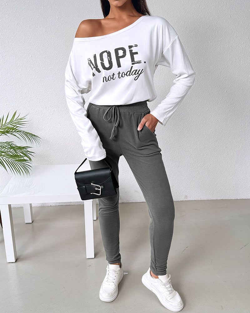 2 Pieces Outfit Nope. Not Today Slogan Print Skew Neck Long Sleeve Pullover Top And Casual Drawstring Stretchy Waist Slim Fit Pants Set