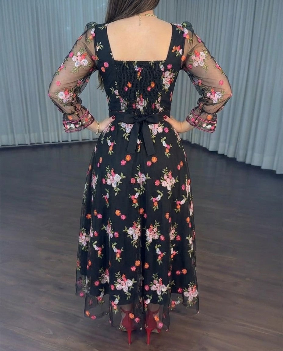 Vintage Square Neck Flared Cuffs Embroidered Floral Pattern Sheer Mesh Overlay Maxi Dress Elegant Shirred Back Cinched Waist Backless Evening Dress with Belt