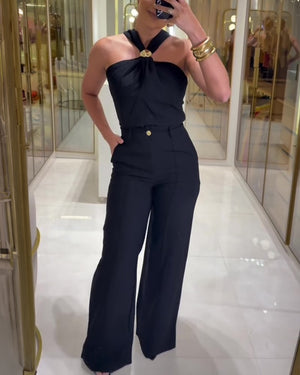 Ensemble 2 pièces pour femmes, haut froncé à col licou et pantalon à jambes larges, costumes élégants à décor doré
