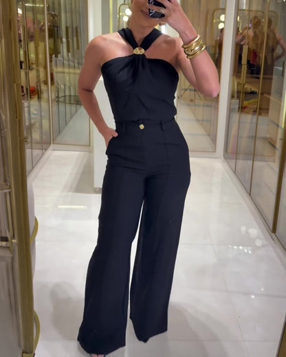 Women's 2 Piece Outfits Halter Neck Ruched Top and Wide Leg Pants Set Elegant Gold Decor Suits