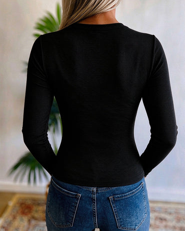 Women's Faux Pearl Crew Neck Long Sleeve Slim Ribbed Top