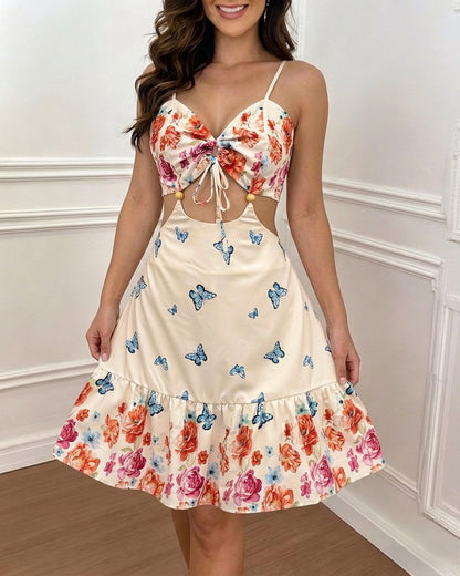 Women's Butterfly Floral Print Mini Dress Sexy Sweetheart Neck Cut Out Sundress Backless Ruched A-Line Vacation Dress