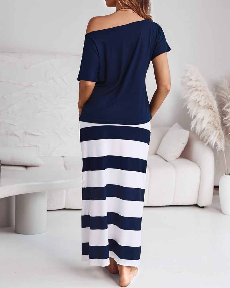 2 Pieces Outfit Anchor Print Skew Neck Top and Casual Striped Drawstring Elastic Waist Skirt Set