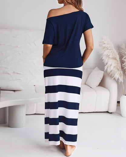 2 Pieces Outfit Anchor Print Skew Neck Top and Casual Striped Drawstring Elastic Waist Skirt Set