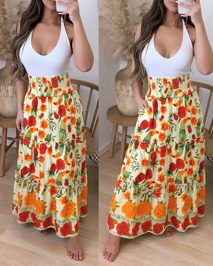 Women's Tropical Parrot Floral Maxi Skirt Shirred High Waist Ruffle Boho Skirt Flowy A-Line Skirt with Pocket