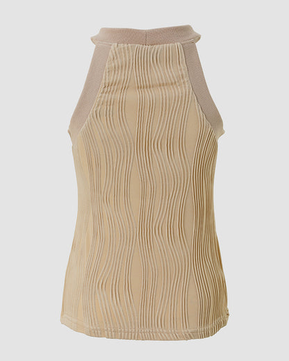 Women's Halter Neck Tank Top Vintage Gold Button Wave Textured Sleeveless Slim Fit Top