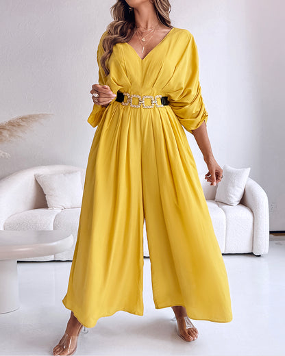 Deep V-Neck Ruched Three Quarters Sleeve Backless Overalls Casual Waist-Gathered Tied Detail Jumpsuit without Belt