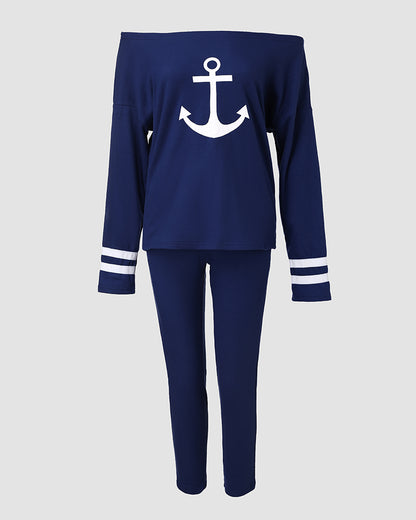 Anchor Print Striped Skew Neck Top & Pants Set