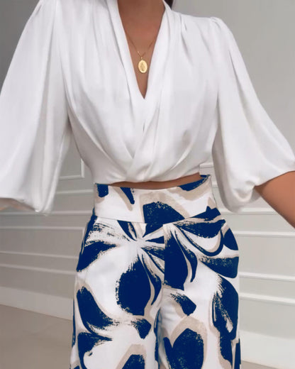 2 Pieces Outfit Wrap Plunge V Neck Crop Blouse and Casual Floral Print Wide Leg Pants Set