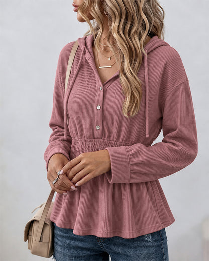 Women's Waffle Knit Drawstring Hooded Button Front Shirred Waist Peplum Top