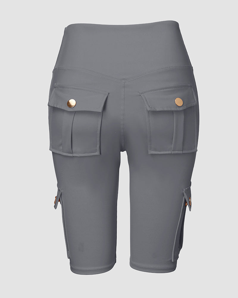 Tummy Control Butt Lifting Active Shorts High Waist Flap Pocket Workout Bermuda Cargo Running Shorts