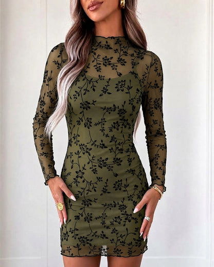 Women's Floral Flock Pattern Sheer Mesh Mock Neck Mini Dress with Cami Slip Dress