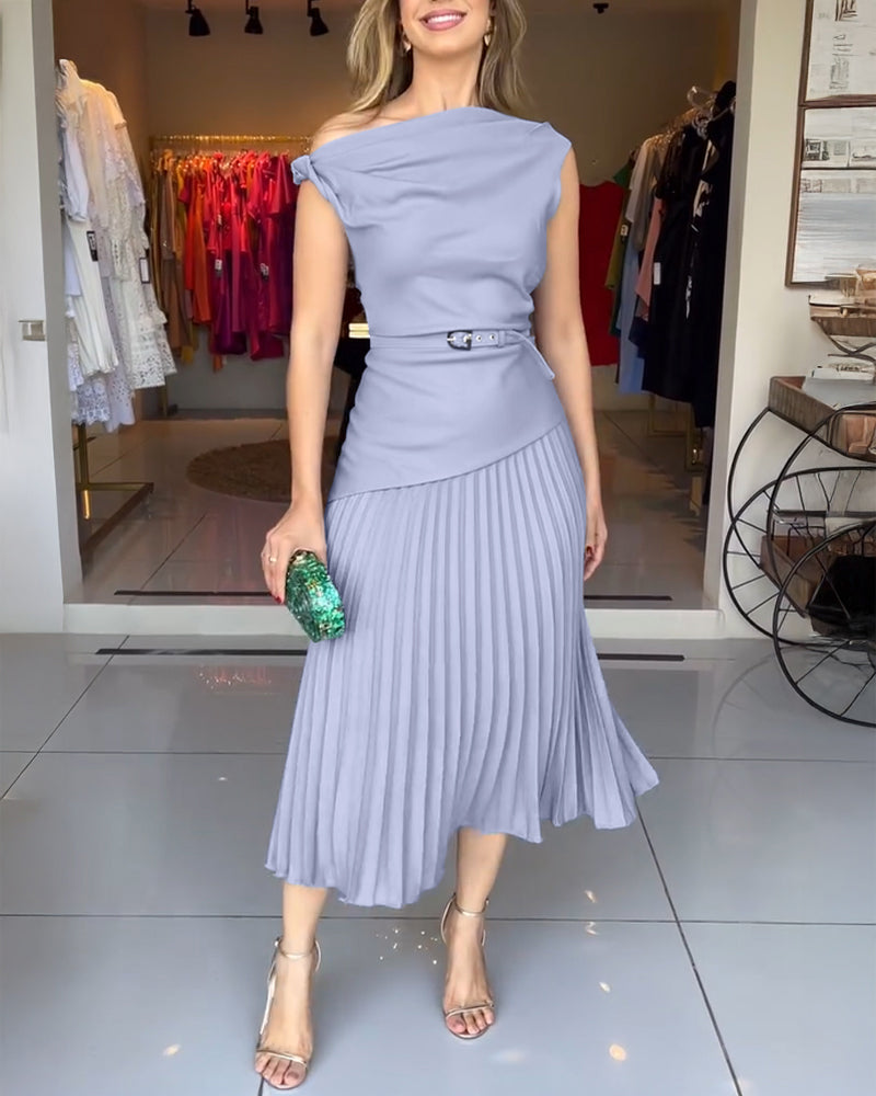 Women's Elegant 2 Piece Outfits Skew Neck Twist Top and Pleated Midi Skirt Set with Belt Evening Party Suit