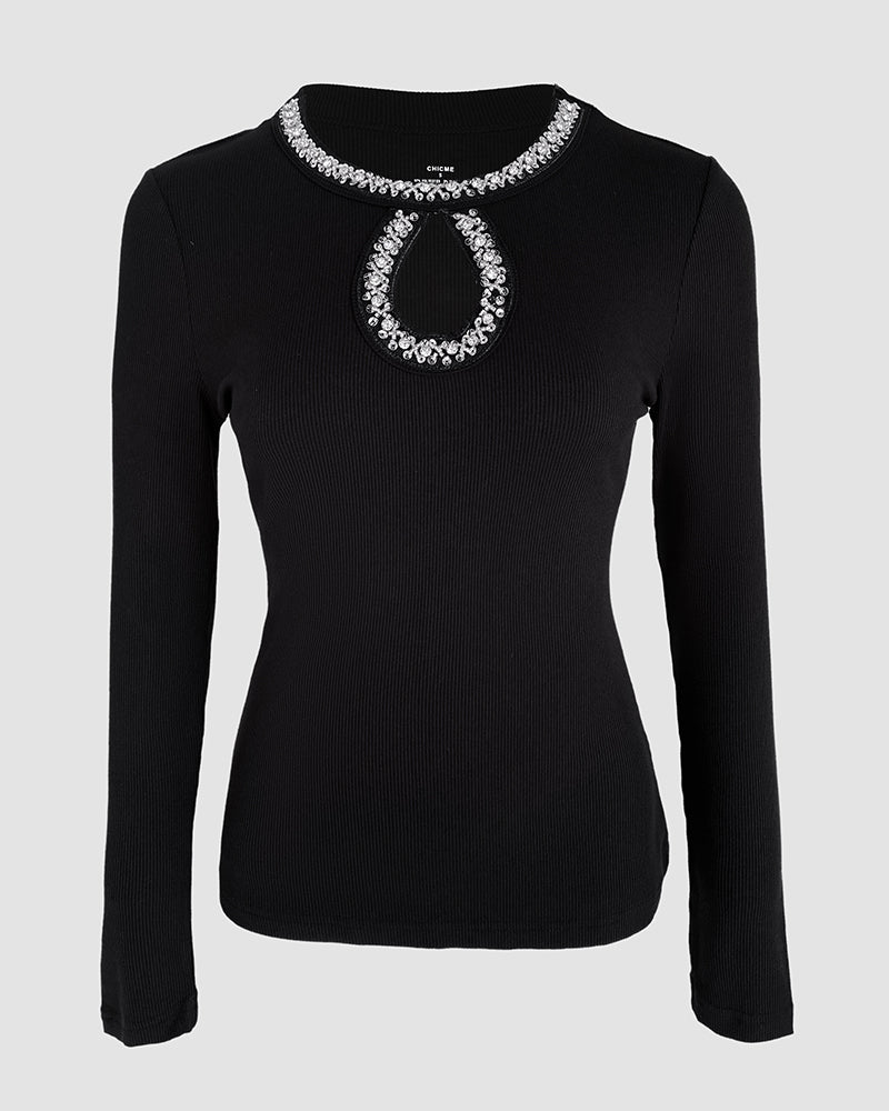 Rhinestone Decor Keyhole Neck Hollow Water Drop Ribbed Top Long Sleeve Slim Fit Layering Top