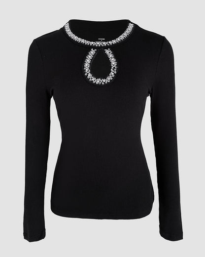 Rhinestone Decor Keyhole Neck Hollow Water Drop Ribbed Top Long Sleeve Slim Fit Layering Top