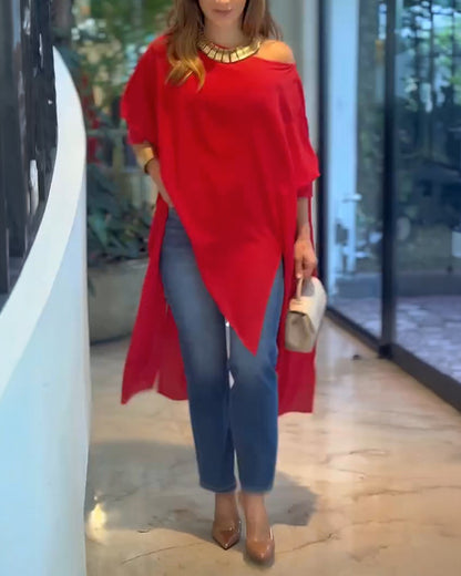 Women's Skew Neck Batwing Sleeve Tee Asymmetric Loose Cape Blouse Slit Elegant Top
