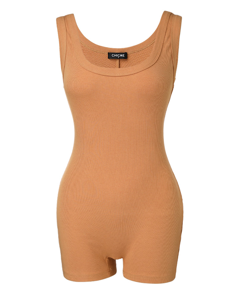 Ribbed U-Neck Yoga Romper Workout One Piece Seamless Tank Top Jumpsuit