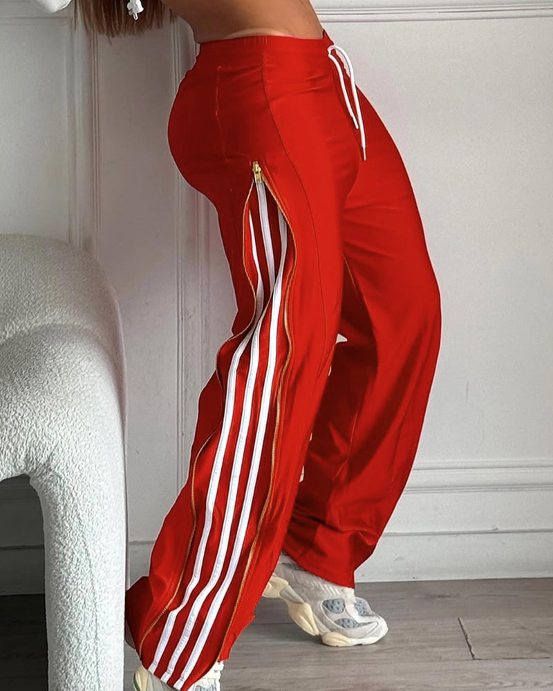 Contrast Side Striped & Zipper Slit Side Drawstring Elastic Waist Trousers Casual Wide Leg Pants