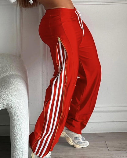 Contrast Side Striped & Zipper Slit Side Drawstring Elastic Waist Trousers Casual Wide Leg Pants