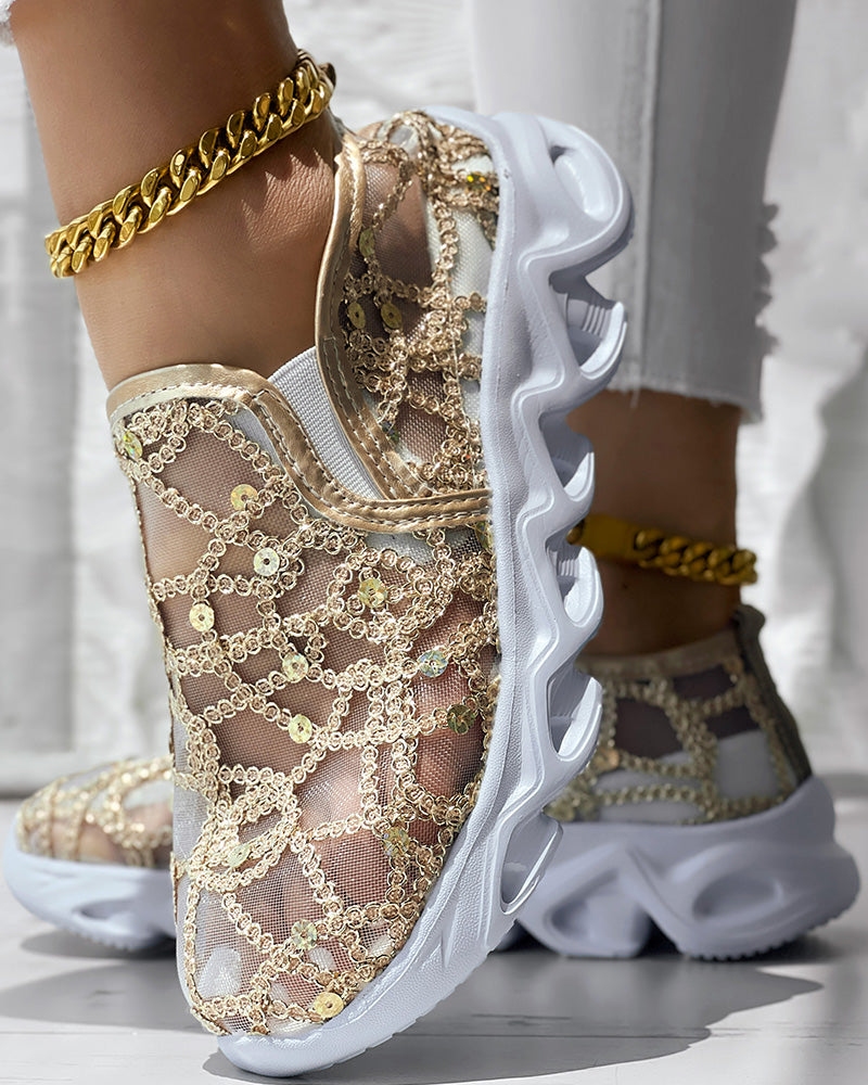 Contrast Sequin Sheer Mesh Patch Breathable Sneakers